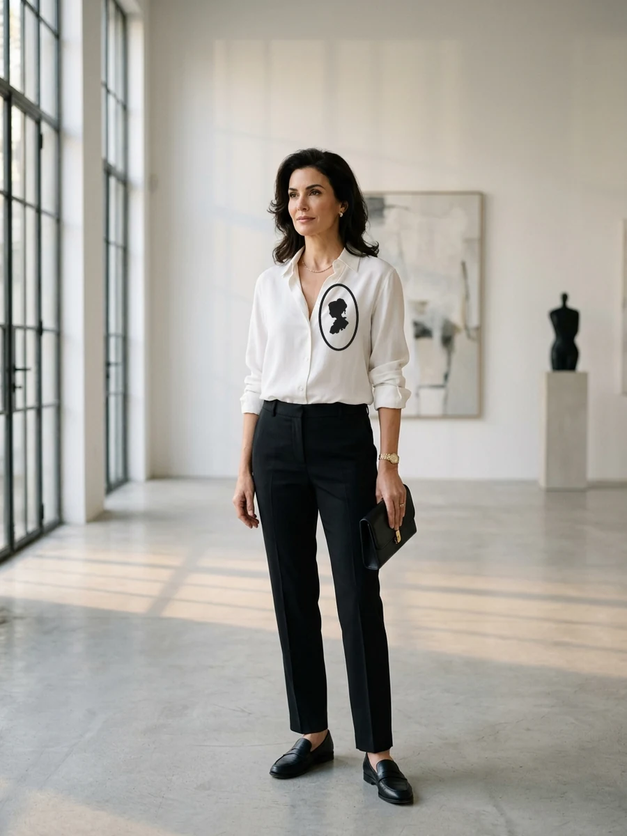 Woman wearing the white Bonacieux silk shirt with the framed cameo embroidered over the heart