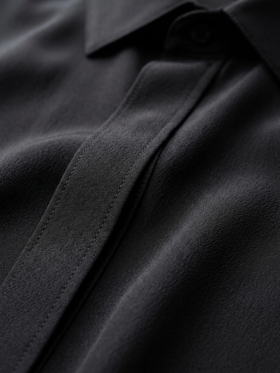 Close-up of the white monogram embroidered over the heart of the black silk shirt